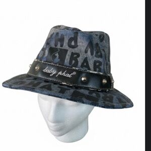 NWT•VINTAGE Y2K Baby Phat Denim Fedora Hat - Logo Spellout Studded Blue Black